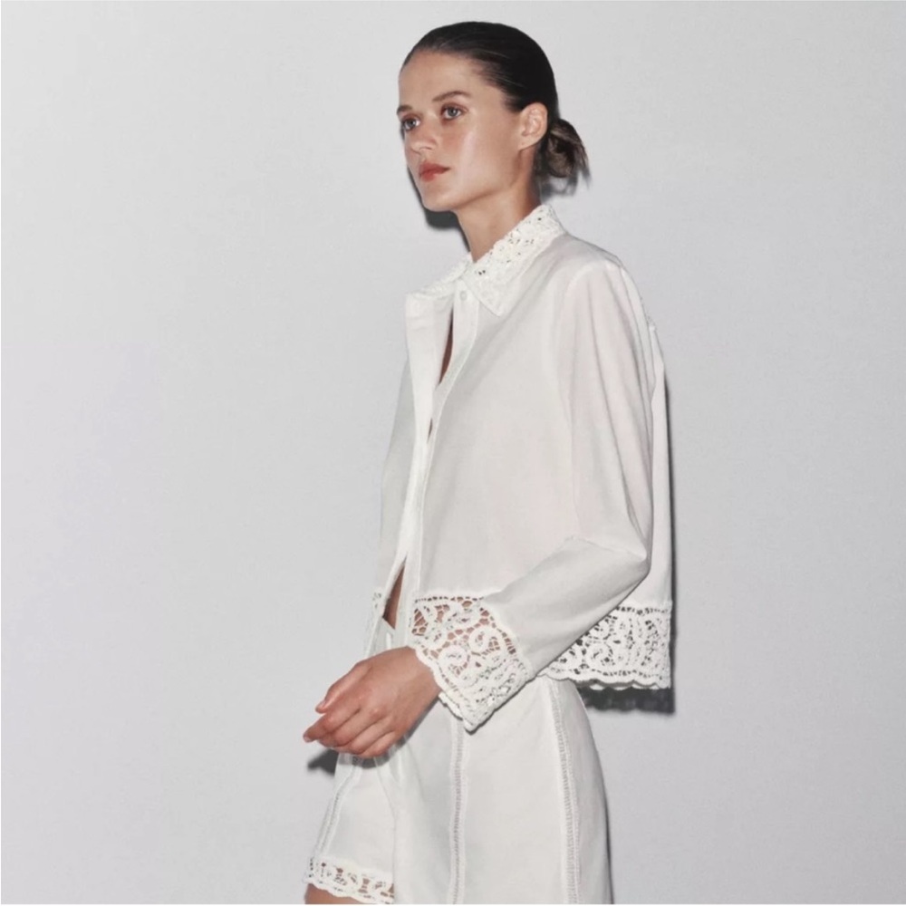 Zara Zw Collection Crochet Lace Trim Shirt